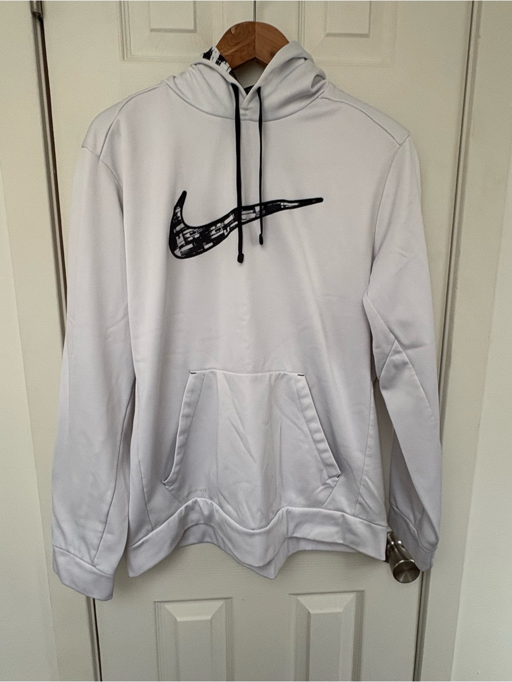 Nike Men’s White Hoodie with Black Swoosh and Drawstring